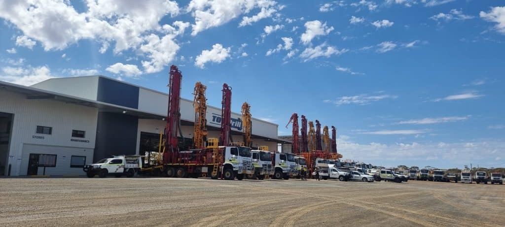 Topdrill's fleet of industry-leading equipment parked in front of the Topdrill HQ facility.